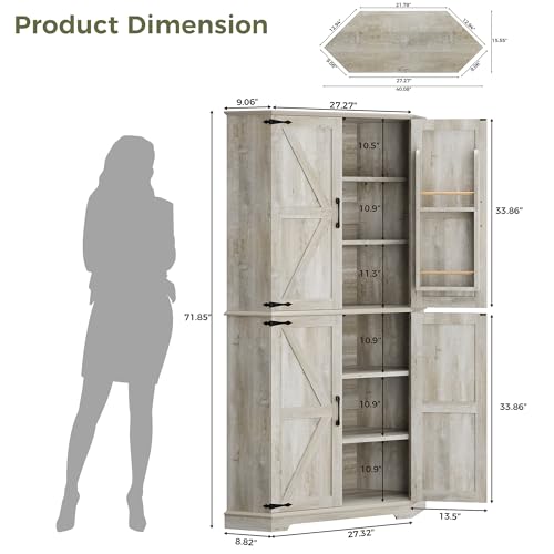 IRONCK Corner Cabinet, 72" Kitchen Pantry Cabinet, 6-Tier Farmhouse Pantry with 4 Adjustable Shelves, 240° Swivel Doors, 2 Doors Storage