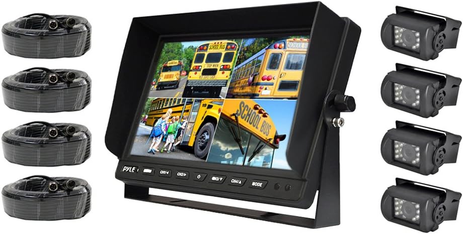 Pyle PLCMTR104 Weatherproof Rearview Backup Camera System with 10.1 LCD Color Monitor, Built-in Quad Control Box Screen, (4) IR Night Vision Cameras