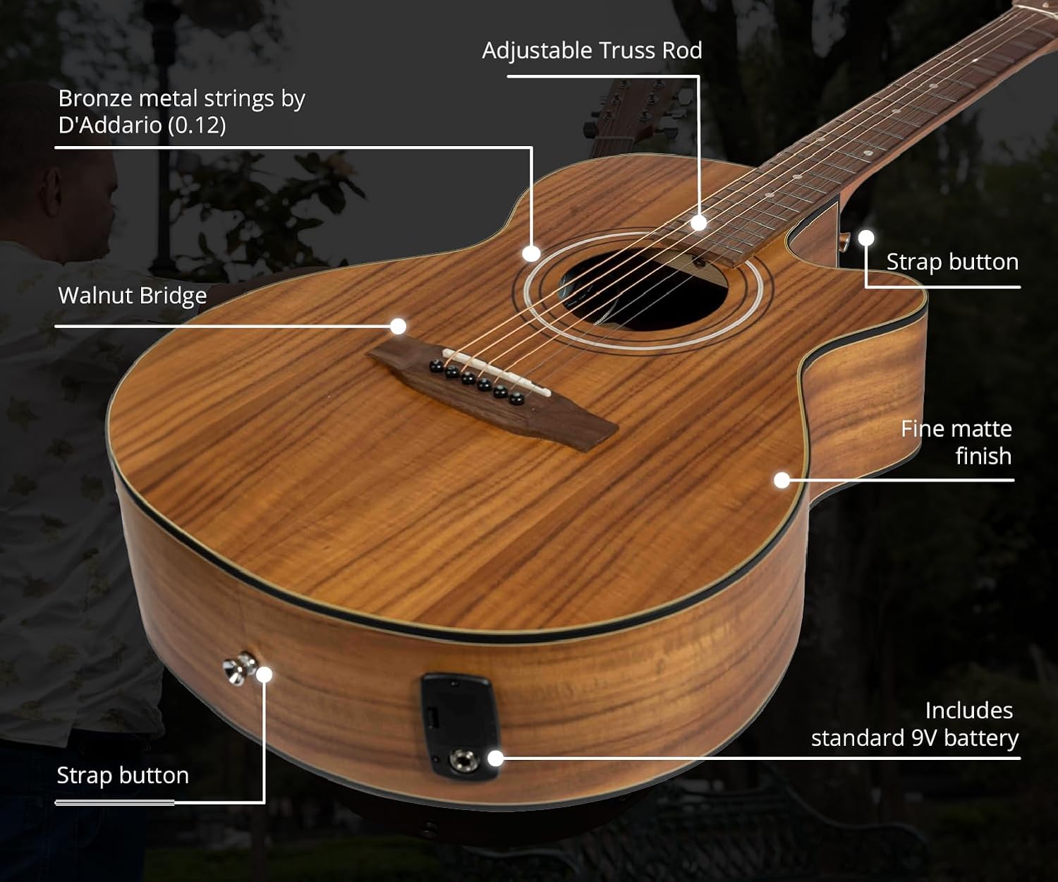 Bamboo Acoustic Electric Guitar 40" Acacia Cutaway Guitar. Beginner Kit for Adults ands Teens with Gig Bag, Pick, Tuner, Strings, Capo, Strap