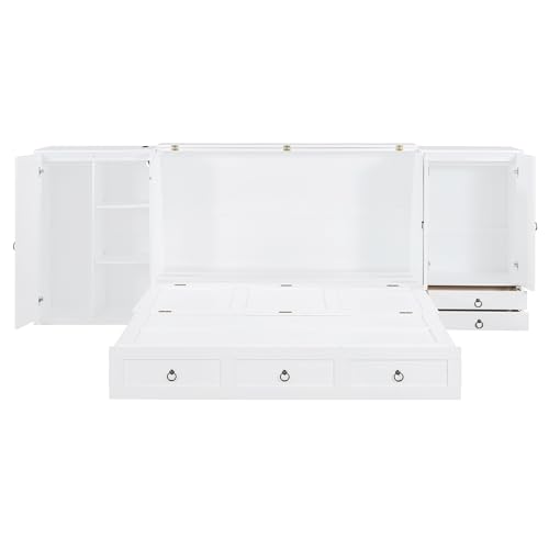 Queen Size Murphy Bed Wall Bed, Solid Pine Murphy Bed Chest Cube Cabinet Bed with USB, Charging Station