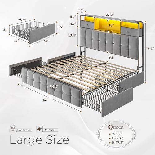 EnHomee King Size Bed Frame with 4 Storage Drawers King Bed Frame with Headboard Built in Charging Station and LED Lights, No Noise