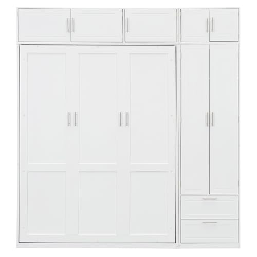 Merax Queen Size Murphy Bed with Top Cabinet, Shelves and Wardrobe, Fold into The Wall, Multifunctional Foldable Platform Bed Frame for Bedroom