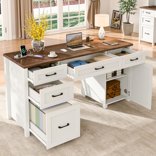 Farmhouse 61'' Executive Desk with 5 Drawers, Rustic Office Desk Computer Desk with Charging Station, File Drawers and Storage Cabinet