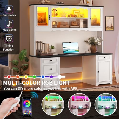 YITAHOME Executive Desk with Hutch and Drawers, Farmhouse Wood Computer Desk with Power Outlet & LED Lights, Home Office Desks with Storage Shelves