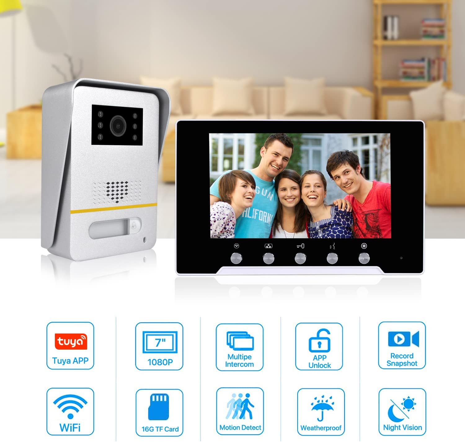 TONCONT Wireless Video Doorbell System, WiFi Video Intercom Door Phone Kits, WiFi 7 Inch Monitor with 16G Card, Wired 1080P HD Camera