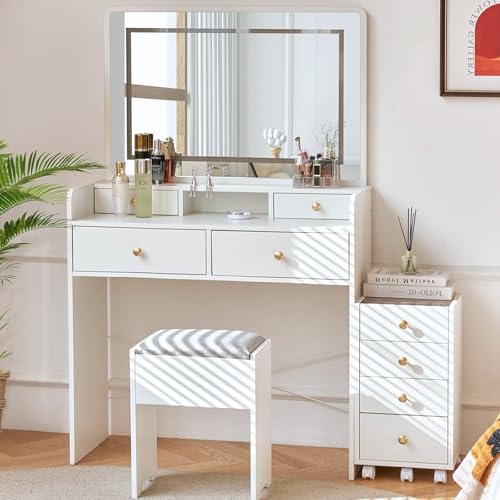 Vanity Desk with Mirror and Lights, Makeup Vanity Table with Drawers, Storage Stool