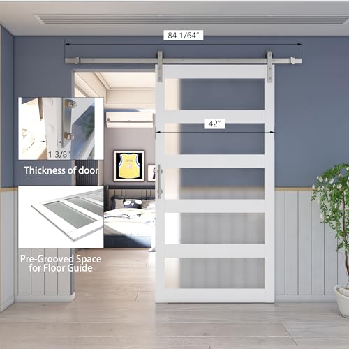 BARNSMITH 42in x 84in Glass Barn Door with 7FT Sliding Door Hardware Kit Included & Handle
