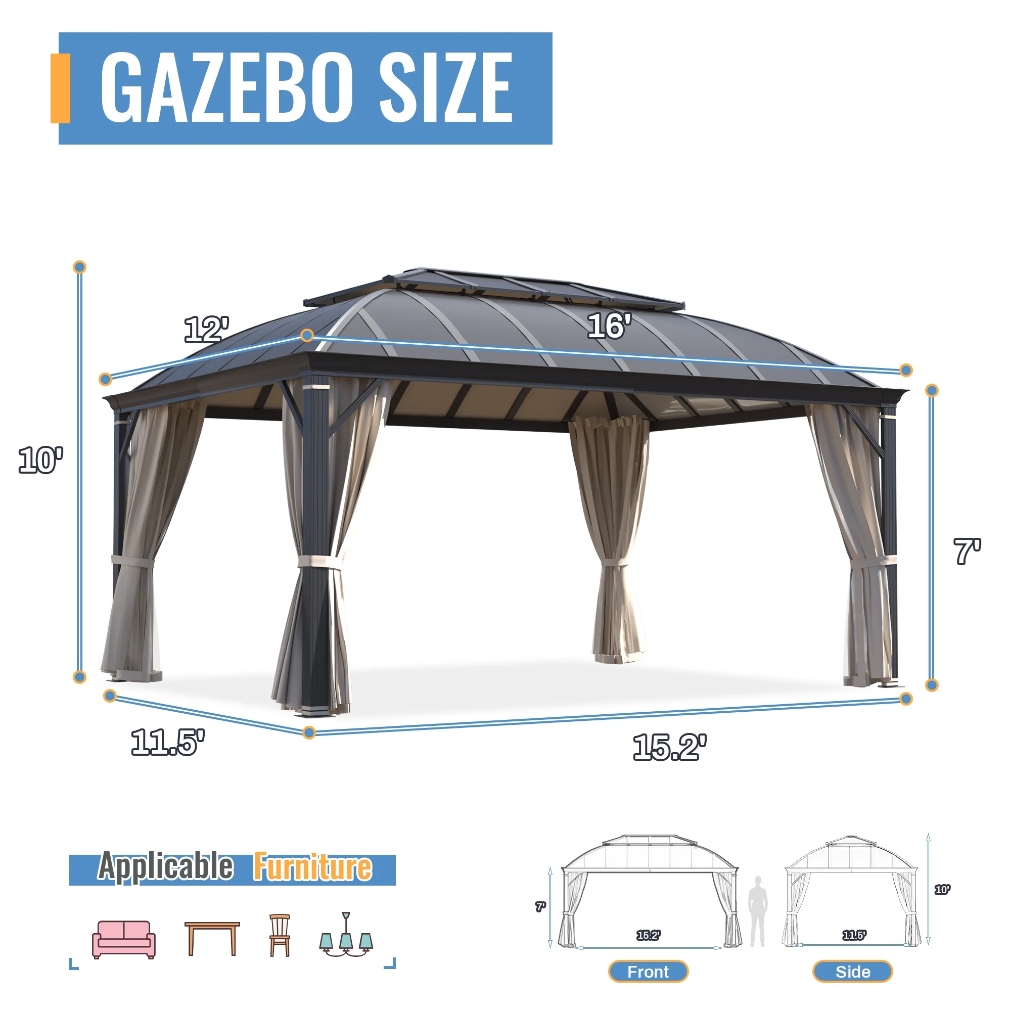 Richryce 12'x16' Hardtop Gazebo, Permanent Outdoor Aluminum Patio Gazebo with Aluminum Composite Double Roof for Patio Lawn and Garden