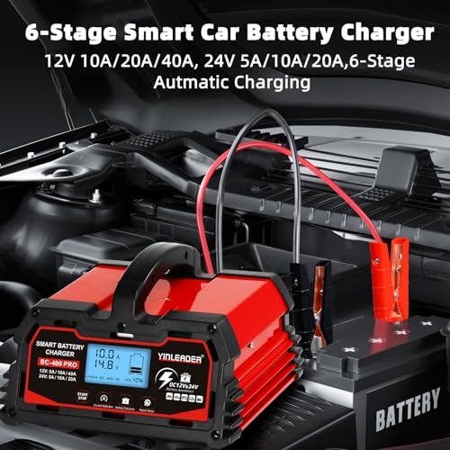 Battery Charger 40A, 12V/24V Lead Acid Smart Battery Charger, 12V LiFePO4 Car Battery Trickle Charger