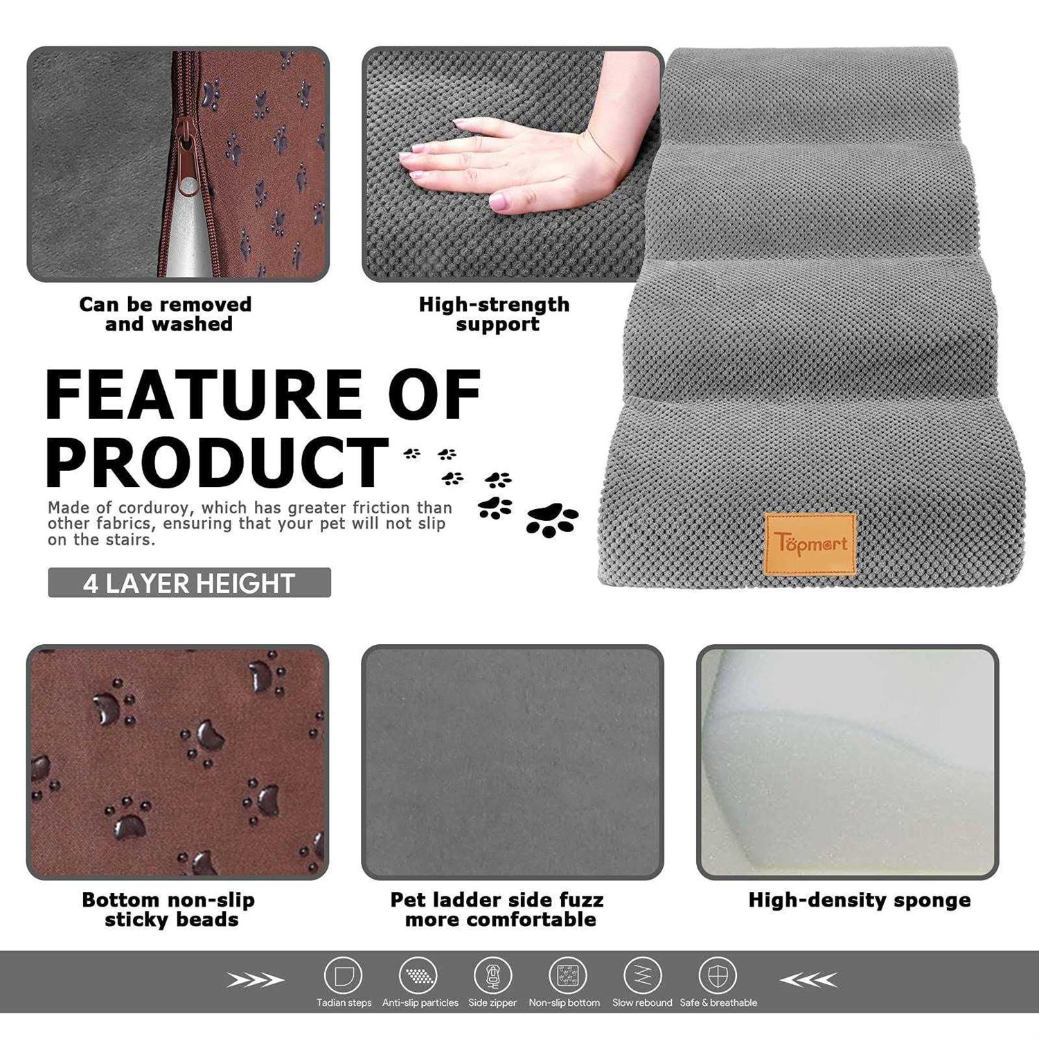 Topmart High Density Foam Dog Steps 4 Tiers,Extra Wide Deep Pet Steps,Non-Slip Pet Stairs,Dog Ramp for Bed,Soft Foam Dog Ladder,Best for Older Dogs