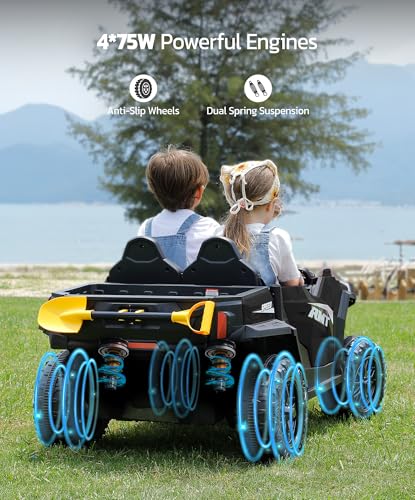 ELEMARA 24V Ride on Toy for Big Kid,Ride on Car 2 Seater w/Sun Shade,Dump Bed & Shovel,4.5MPH,4WD Electric Car for Kids,Battery Car w/Remote
