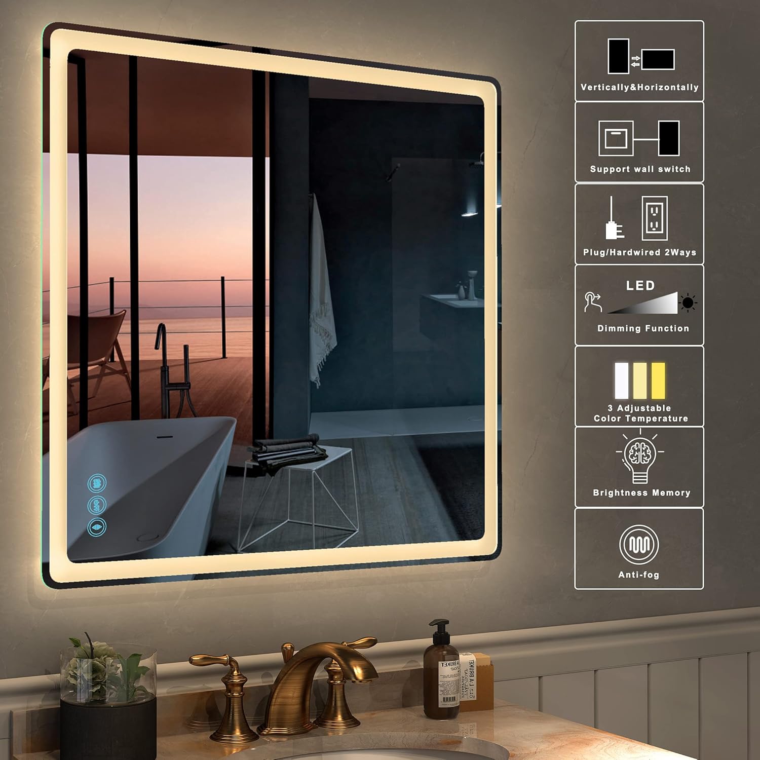 LED Bathroom Mirror for Wall - JORYOO 36x24 Inch Anti-Fog Bathroom Mirror with Lights - Lighted Bathroom Mirror