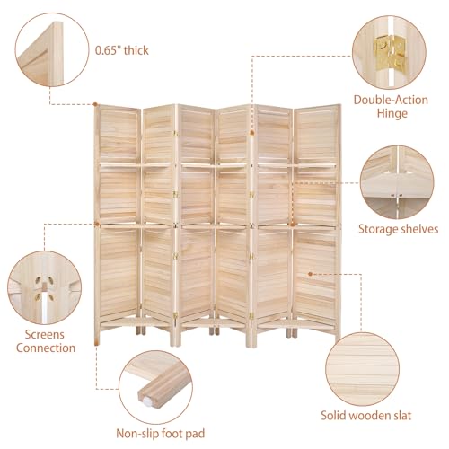 Bonnlo 6 Panels Wood Room Divider with Shelves, 6 FT Height Folding Privacy Screens, Indoor Freestanding Room Partition Wall Divider