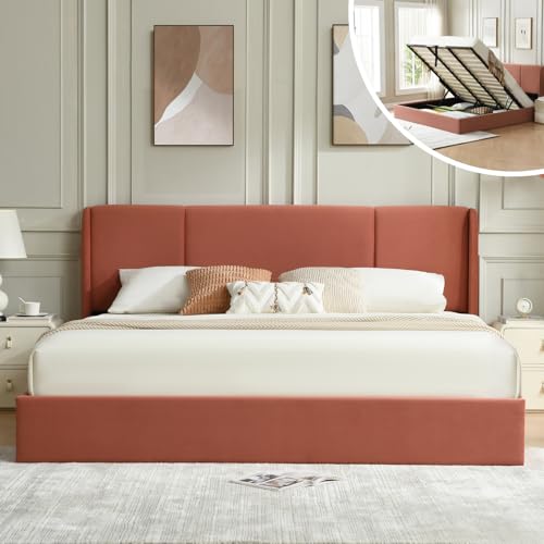 VELOCAVA Queen Size Lift Up Storage Bed with Modern Wingback Headboard, Upholstered Platform Bed with Fabric with Hydraulic Support Bars