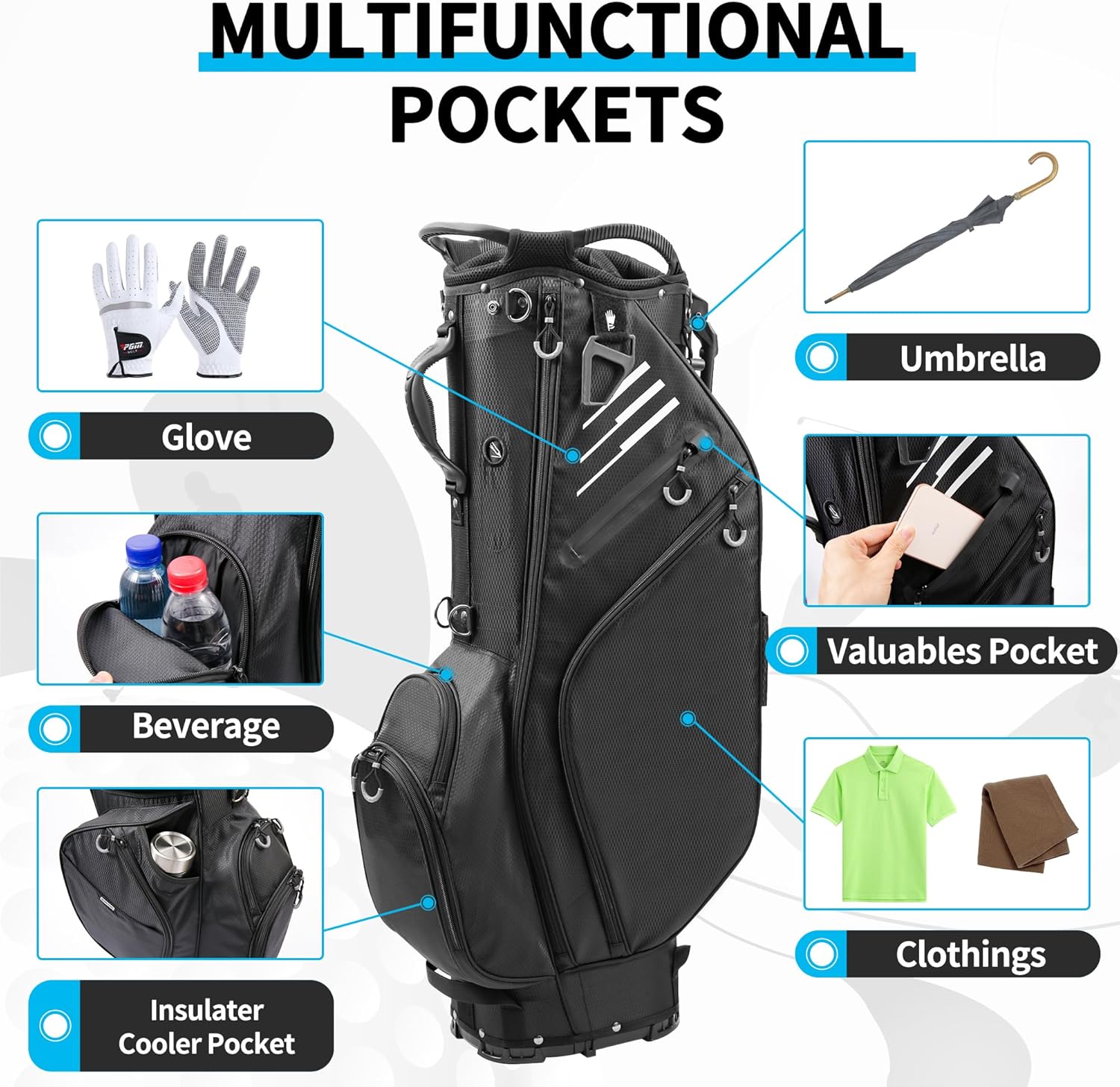 Golf Stand Bag 14 Way Full-Length Dividers with Stand, Lightweight Waterproof Golf Bag, 8 Pockets, Cooler Pouch,Golf Club Bag for Men, Dual Strap