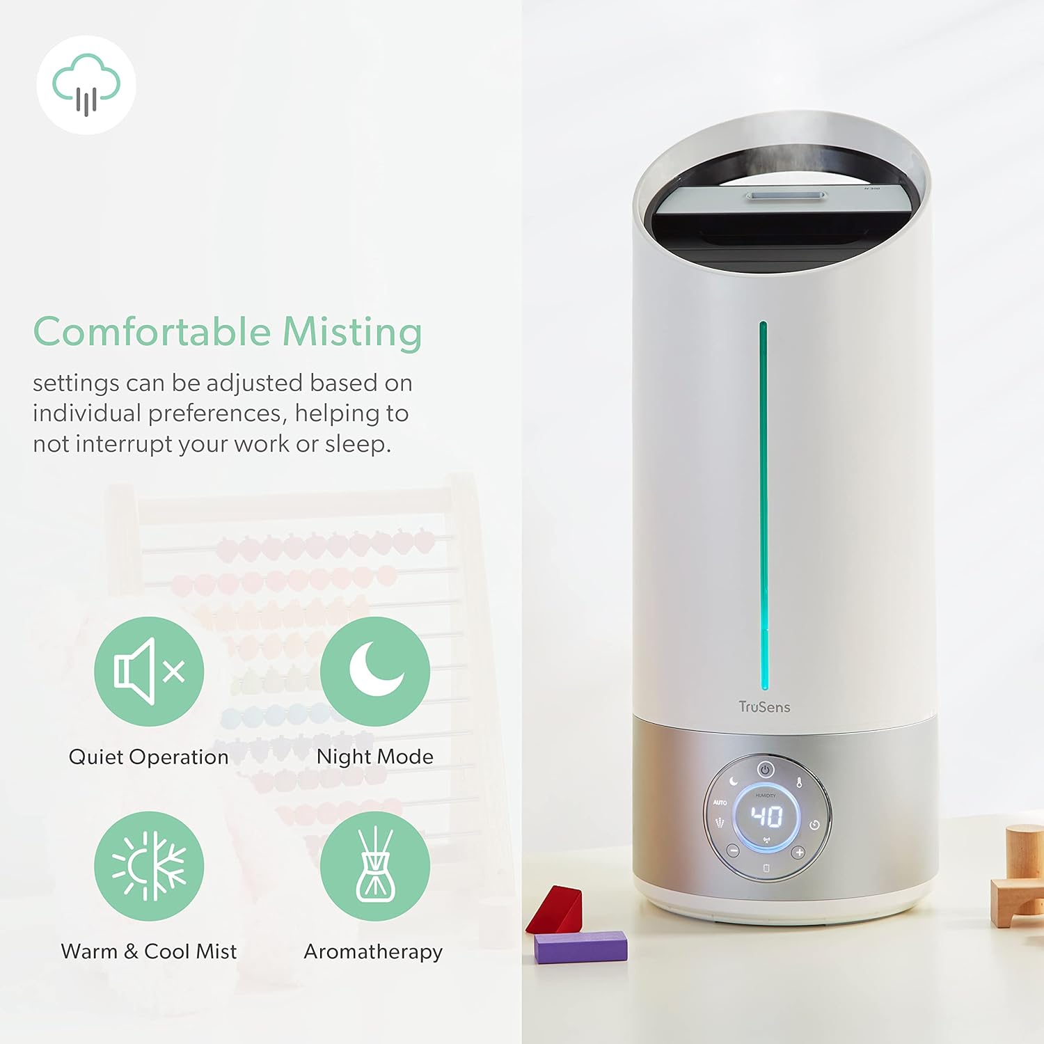 TruSens Clean Mist Ultrasonic Humidifier With UV-C Light, Large 8L Tank, Humidity Sensor, Warm & Cool Mist, Water Softening Filter
