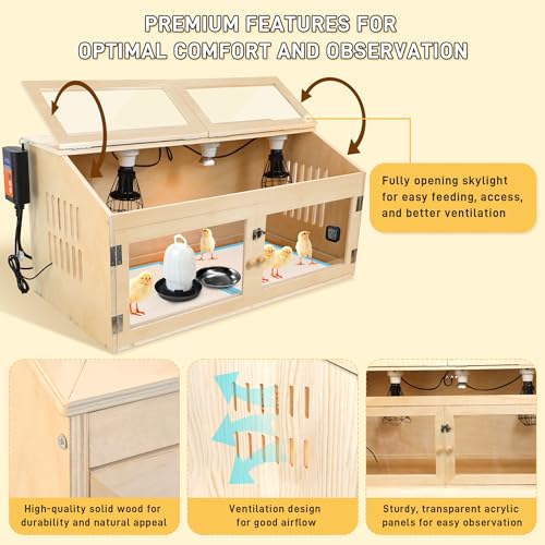Large Chicken Brooder Box for Chick, Extra Wide 32" Wooden Chick Brooder Box with Intelligent Thermostat, Heating Lamps