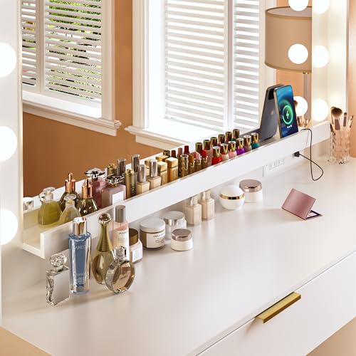Vanity Desk with Large Mirror and Lights, 45.3in Makeup Vanity with Power Outlet 9 Drawers & Storage, 3 Lighting Color Adjustable