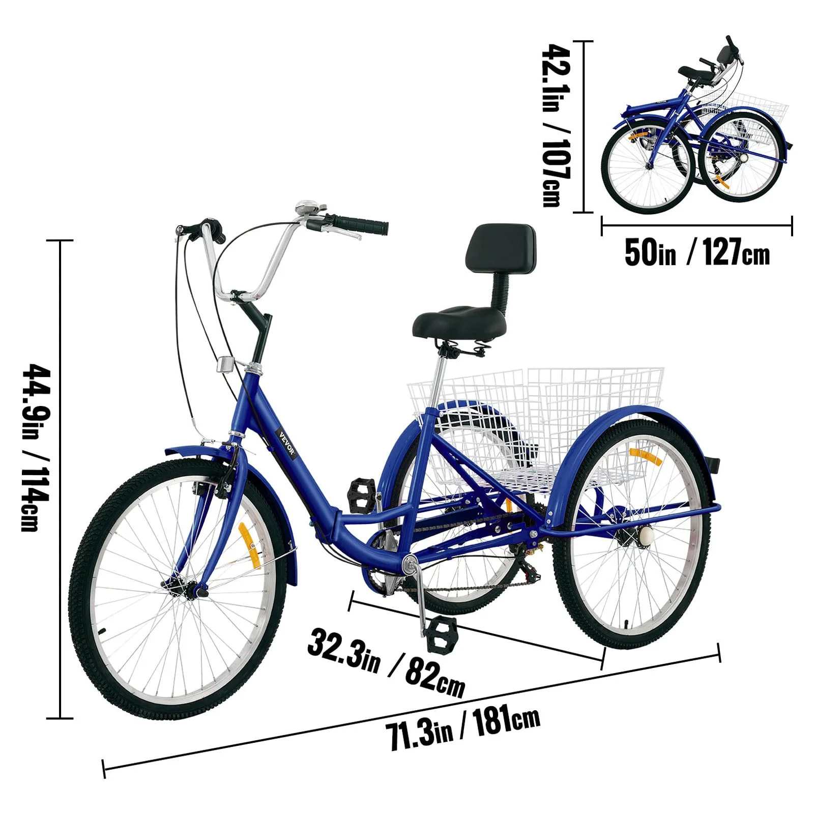 VEVOR Foldable Tricycle 26" Wheels, 7-Speed Trike, 3 Wheels Colorful Bike with Basket