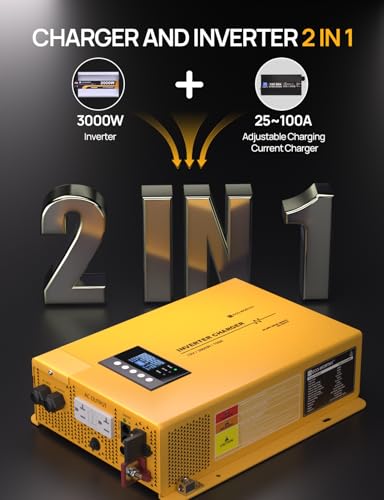 ECO-WORTHY 3000W 12V Pure Sine Wave Inverter Charger,2 in 1 Inverter/Battery Charger,12V DC to 120V AC Converter,25A~100A Adjustable Current Charge