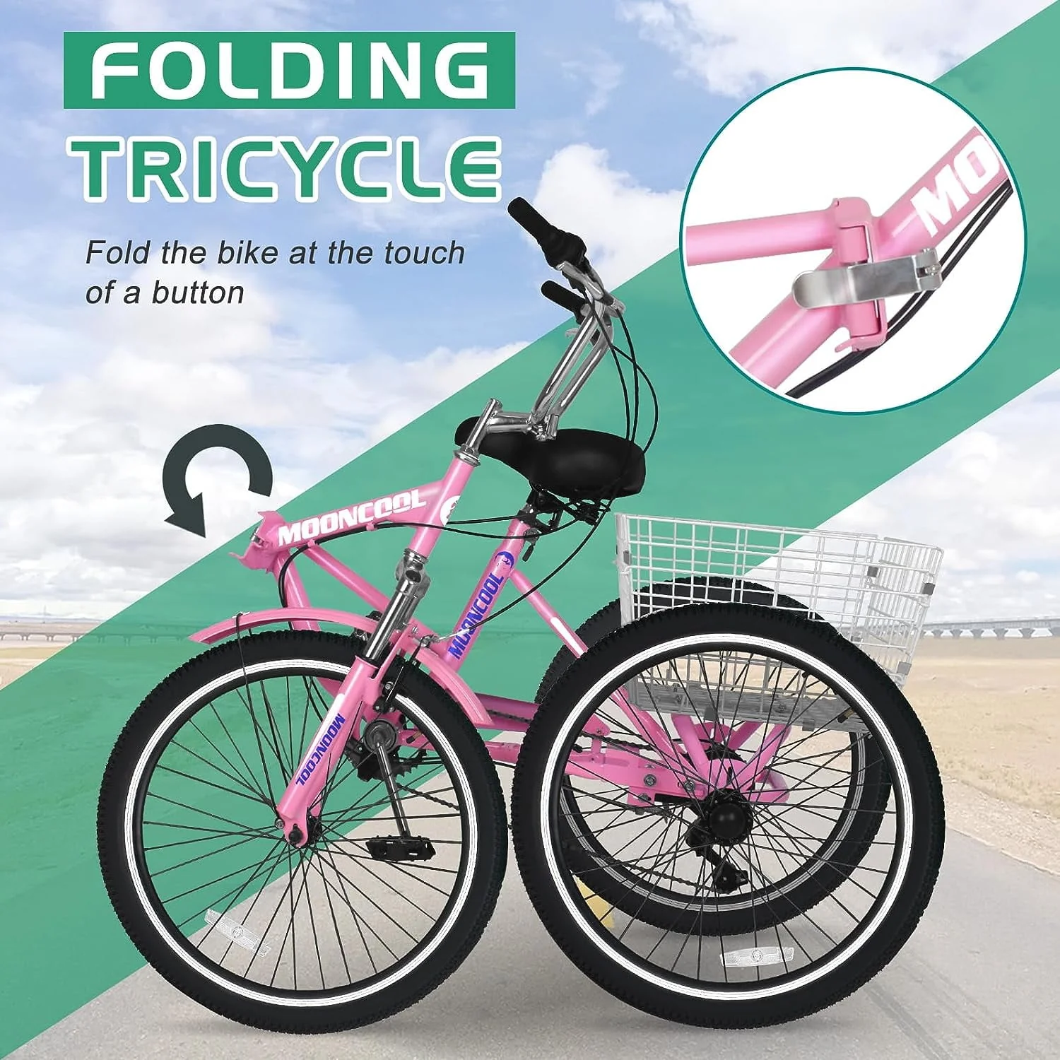 MOONCOOL Adult Folding Tricycle for Adults, 7 Speed 20/24/26 inch 3 Wheels Bikes with Basket, Foldable Tricycle for Adults, Women, Men, Seniors