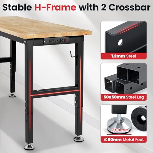 Workbench for Garage 48 Inch Work Bench Table Adjustable Height Rubberwood Tabletop Work Table with Power Outlets for Woodworking Shop Home Office