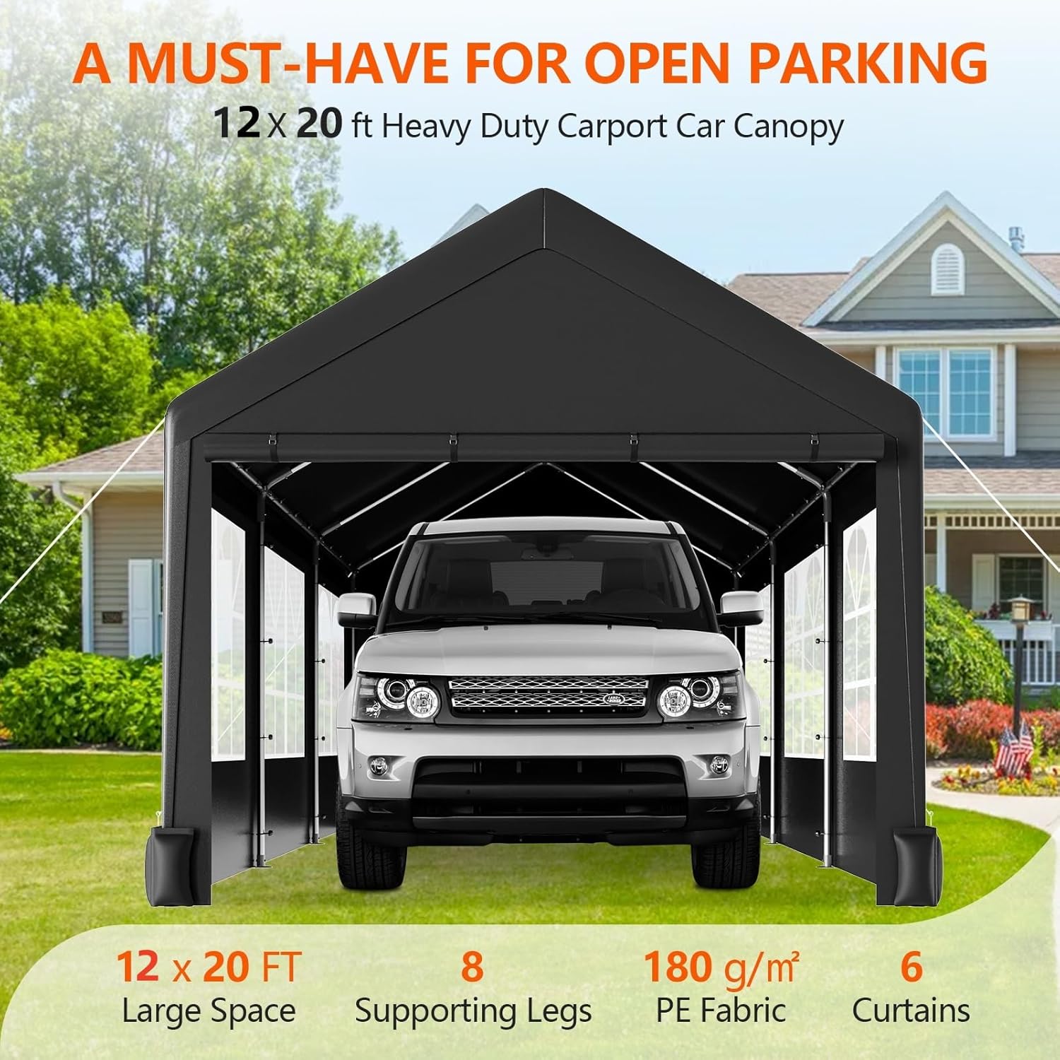 12 * 20 Heavy Duty Carport Canopy, Portable Car Tent Garage with 6 Roll-up Windows and All-Season Tarp Cover, Metal Roof & 4 Sandbags for Car, SUV