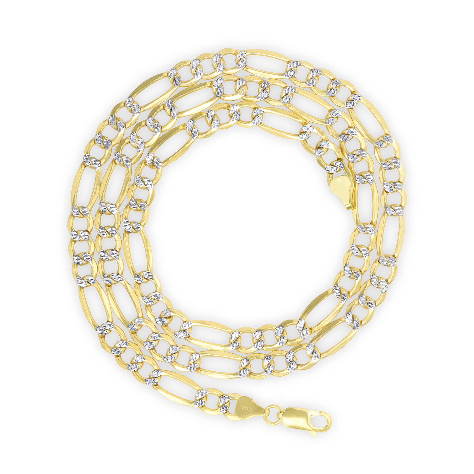Nuragold 14k Yellow Gold Solid 7.5mm Figaro Chain Link Diamond Cut Pave Two Tone Necklace, Mens Jewelry 20" - 30"