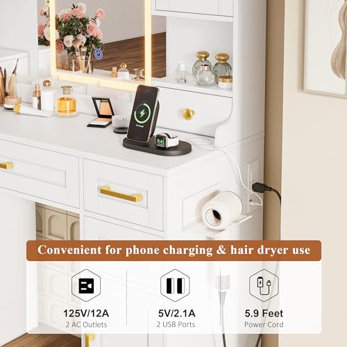 NUNU LAB 42 Inchs Large Vanity Desk with Mirror and Lights with 6 Drawers and 4 Cabinets, Big Women Makeup Table with Power Outlet