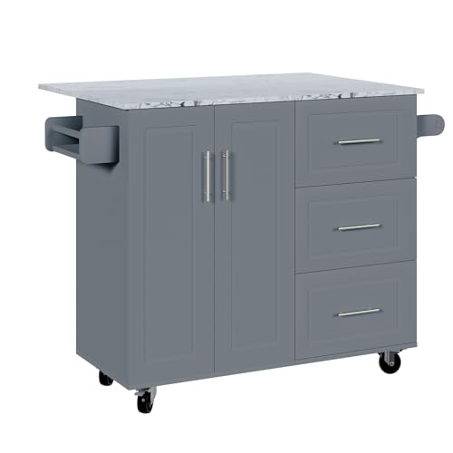 4 EVER WINNER Rolling Island with Storage and Drop Leaf, Marble Tabletop, Kitchen Carts on Wheels with Towel Rack & Spice Rack