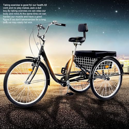 EMYJAY Tricycle for Adults, 24 inch Three-Wheeled Bicycles Cruiser Trike 3 Wheels Bike with Large Basket for Shopping Picnic Outdoor Sports Men Women