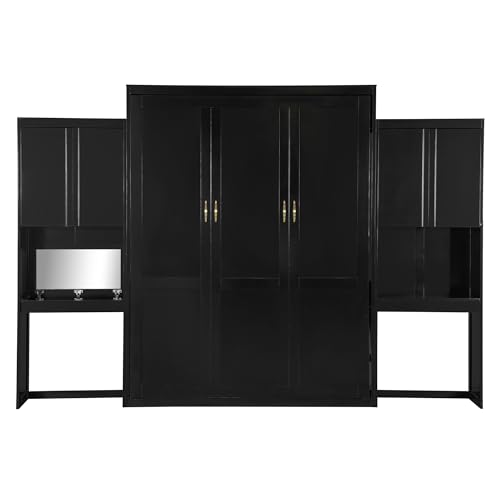 SOFTSEA Queen Size Murphy Bed with Desk and Storage, Wood Queen Wall Bed Frame with Vanity & Shelves, Space-Saving for Guest Room, Bedroom or Office
