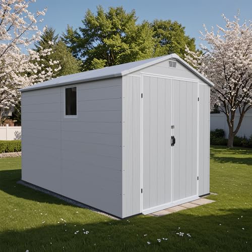 Patiowell 6 x 8 FT Plastic Outdoor Storage Shed with Floor, Resin Outside Tool Shed with Two Windows and Lockable Easy to Install, Door for Garden