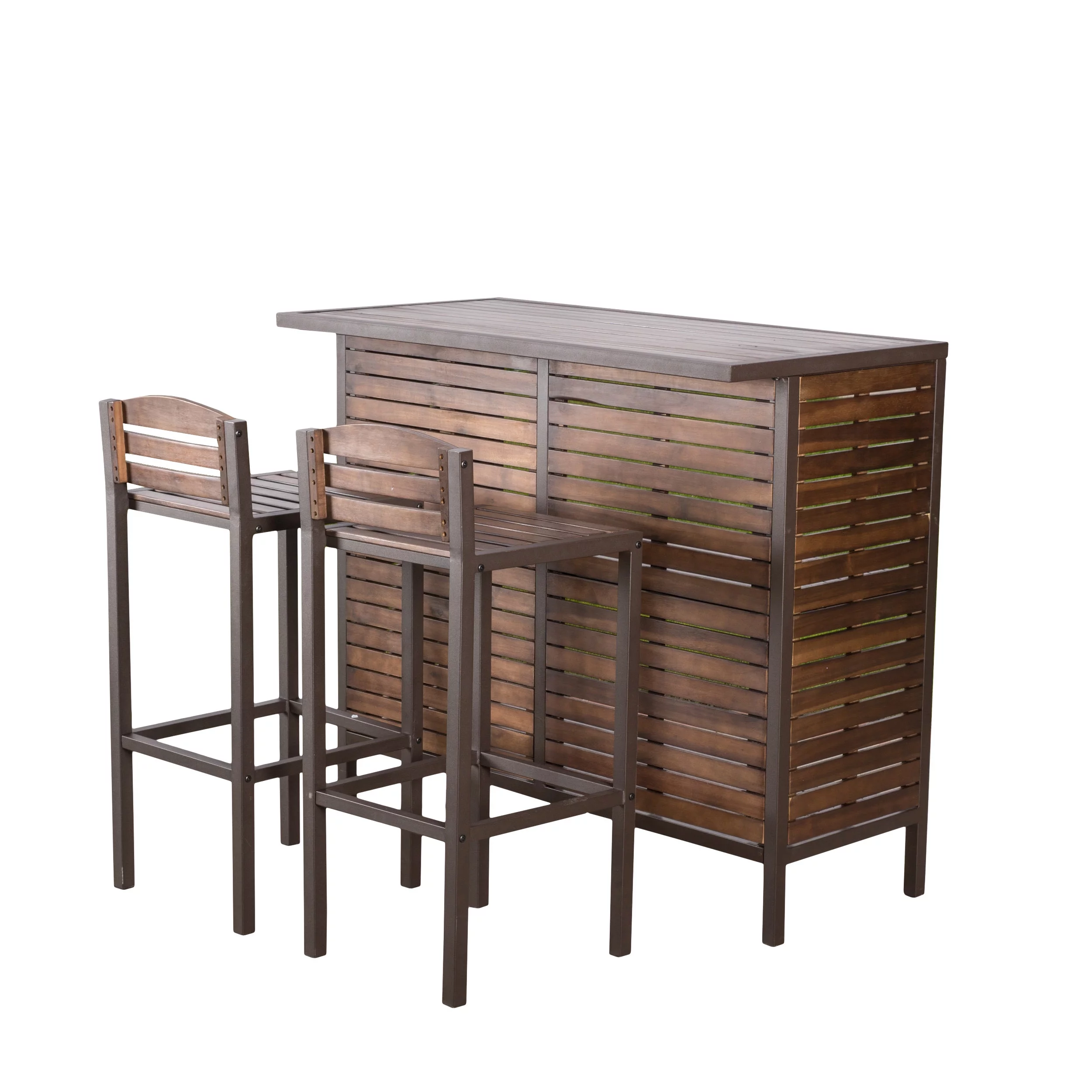 Ellis Outdoor 3 Piece Acacia Wood Bar Set, Dark Brown