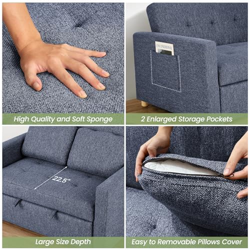 SEJOV 3-in-1 Convertible Sofa Bed, Linen Fabric Sleeper Couch Pull Out Bed, 49" 2-Seater Loveseat Futon Sofa with Spring Support