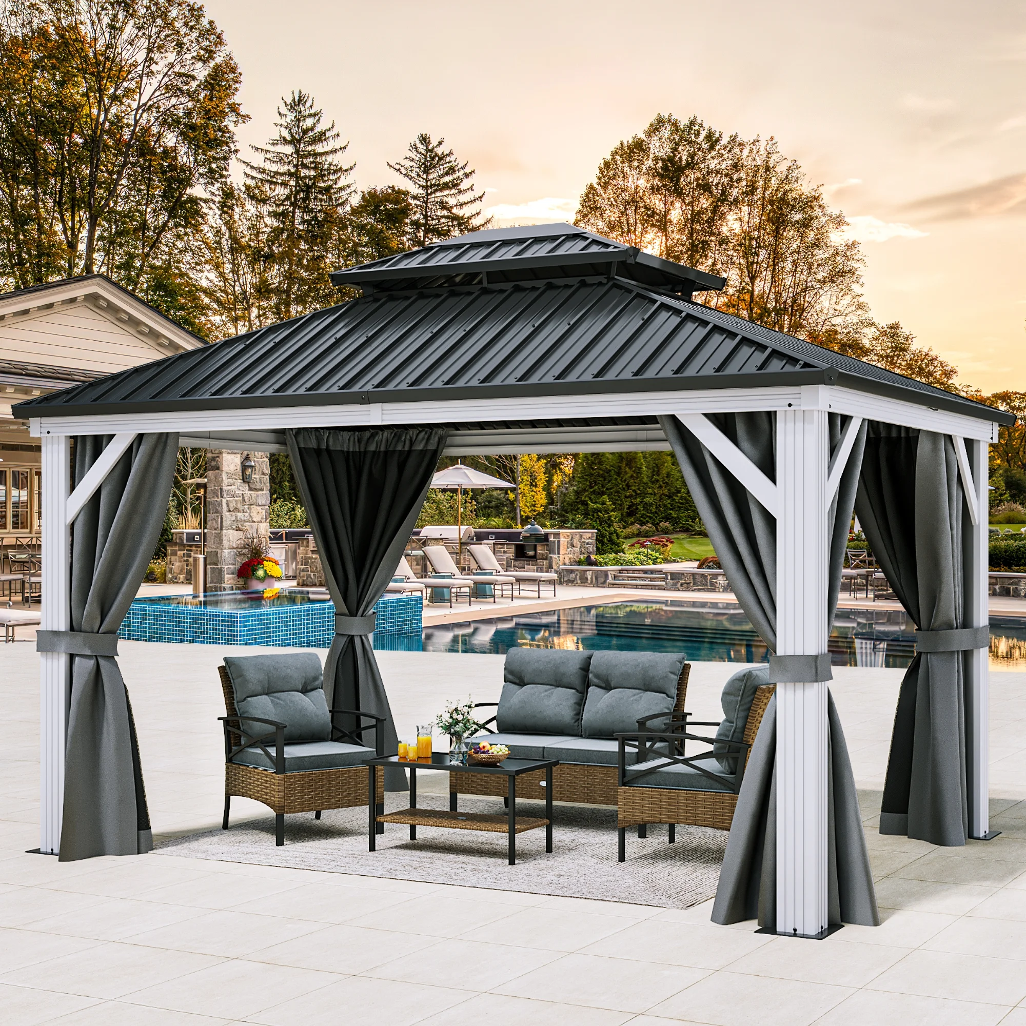 Dextrus 10x12ft Double Roof Hardtop Gazebo with Netting&Curtains, Double Galvanized Iron Aluminum Frame Outdoor White Gazebo,Ideal for Patio