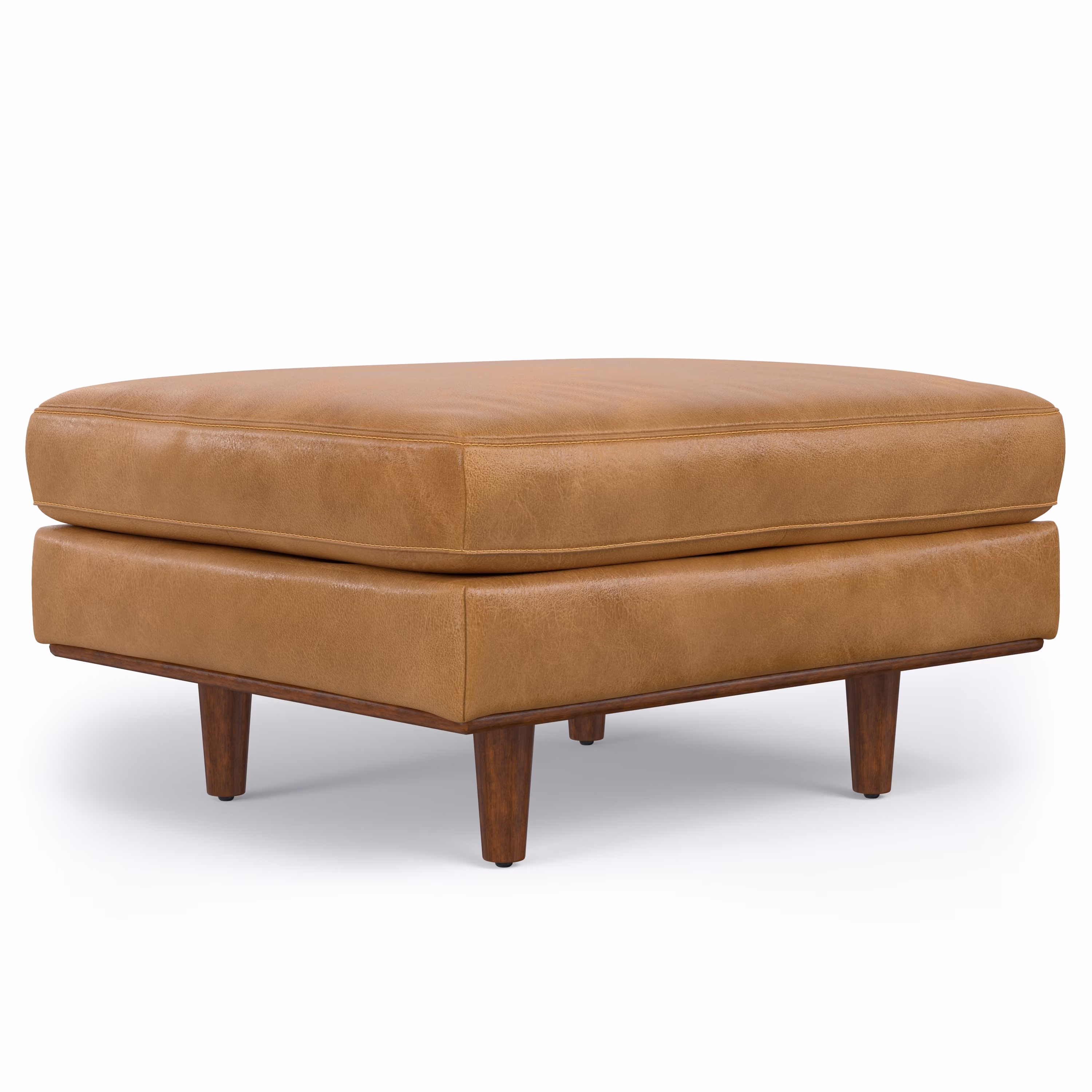 Simpli Home Morrison 33 inch Wide Mid-Century Modern Mid Century Genuine Leather Ottoman in Sienna Genuine Leather