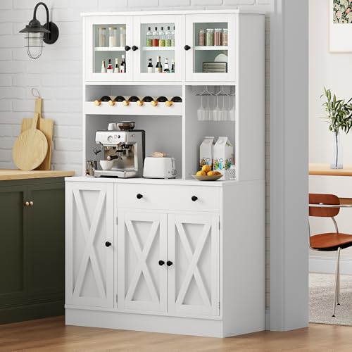 YITAHOME Kitchen Pantry Cabinet with Wine Rack & Power Outlet, 71" H Tall Storage Cabinet with Doors, Shelves, Drawer