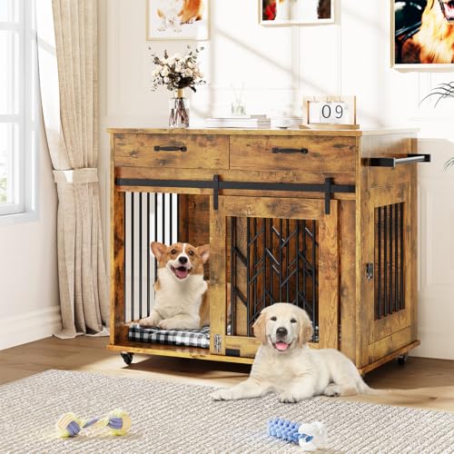 YITAHOME Dog Kennel Furniture for 2 Dogs, 39 inch Double Dog Crate with Storage Drawers, Indoor Wooden Dog House Heavy Duty for 2 Small Medium Dogs