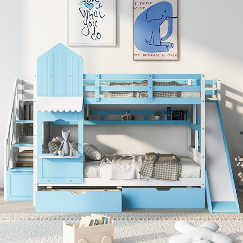 Harper & Bright Designs Twin Over Twin Bunk Bed with Stairs and Slide, Solid Wood Bunk Bed Frame with Storage Drawers and Bookshelf