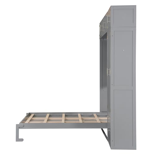 P PURLOVE Wood Twin Murphy Bed with Light and USB, Modern Wall Bed with Top Cabinet and Storage Shelves, Space Saving, No Box Spring Needed (Gray)