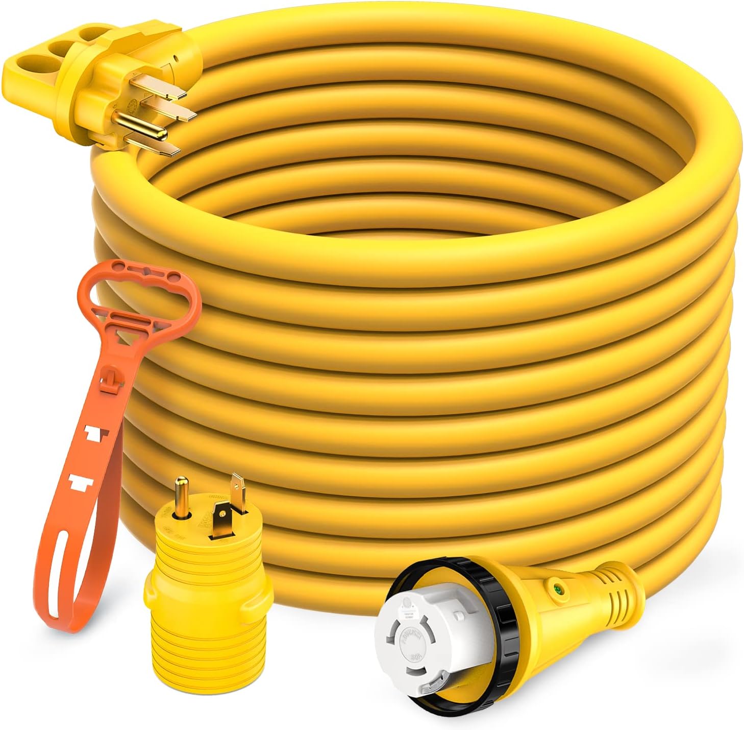 Kohree 50 Amp RV Power Extension Cord 25FT with Grid Handle Heavy Duty, 50M/50F 90 Degree RV Locking Adapter, LED Indicator & 30M/50F Power Adapter