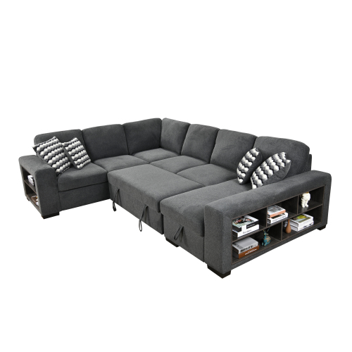 Dolonm 125'' Sleeper Sofa with Pull Out Bed and Storage Chaise Ottoman, U Shaped Sectional Couch with Adjustable Headrest and Stools for Living Room