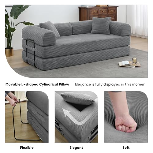 Convertible Sleeper Sofa Bed with Cylindrical Pillow, Corduroy Folding Mattress Couch with Fixed-Shape Frame