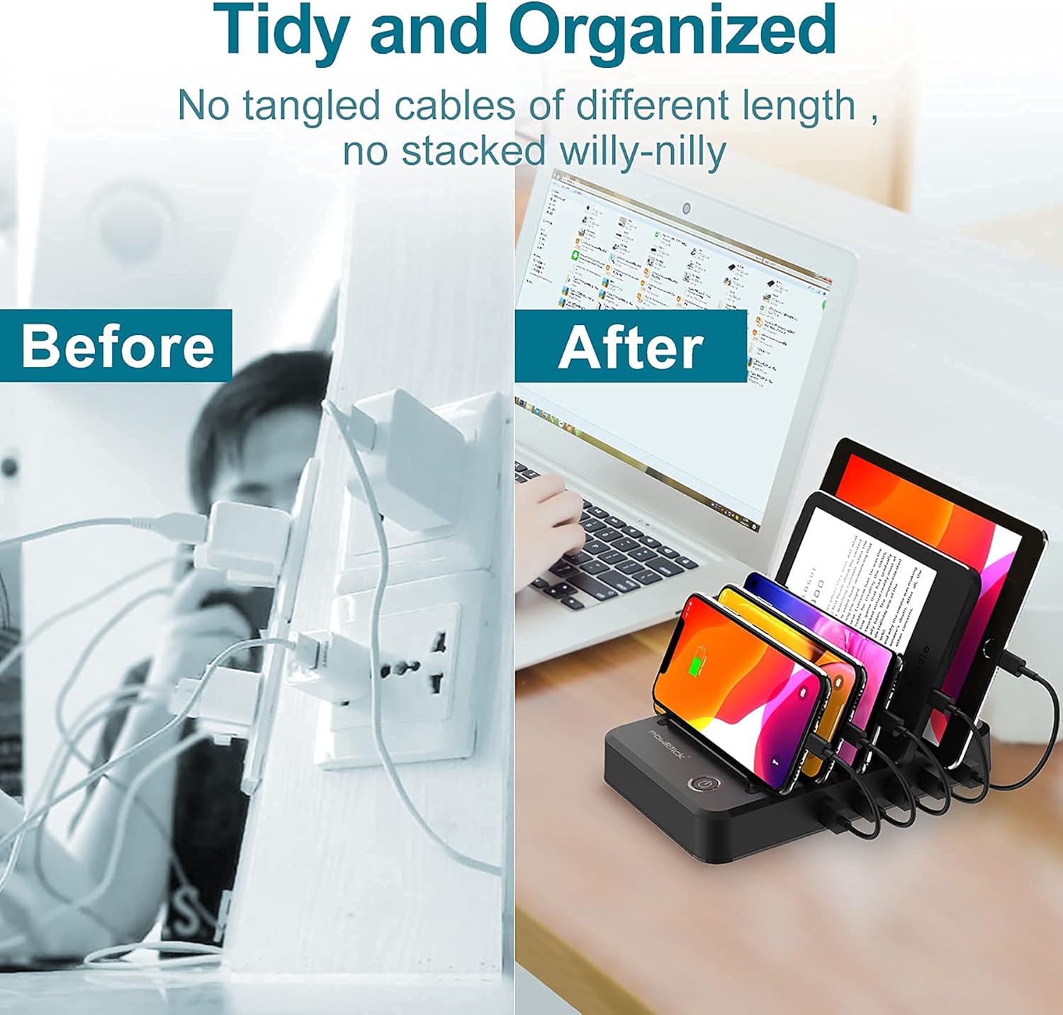 Charging Station for Multiple Devices 5 Ports with 6 Mixed Charging Cables Multi USB Charger Station Organizer for Cell Phones Tablets Tab