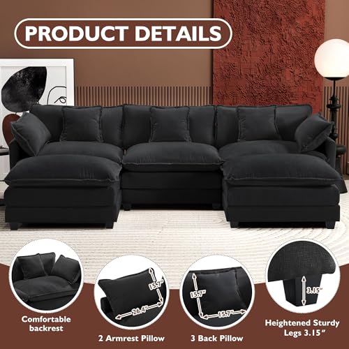 Ihanherry 111.4" U Shaped Modern Cloud Sofa Modular Sectional Couch with 2 Ottoman, 5-Seat Chenille Deep Seat Sofa with Pillow for Living Room