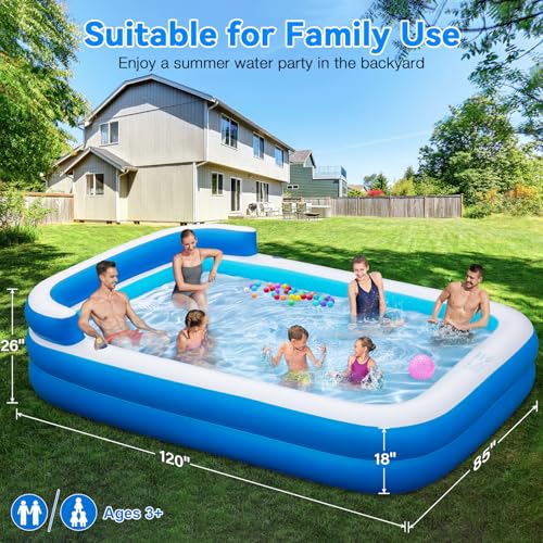 Large Inflatable Swimming Pool, 120" X 85" X 26" Oversized Thickened Blow Up Pools for Adult, Inflatable Pool with Seat and Pump