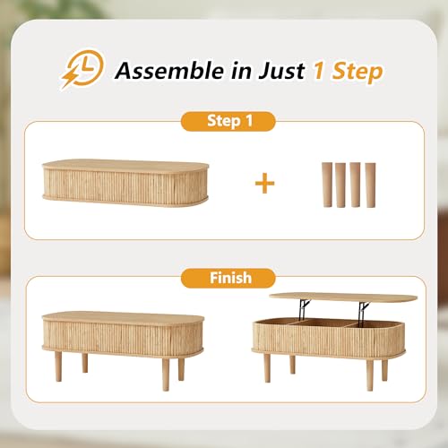 Fluted Lift Top Coffee Table with Hidden Compartment, Fully Assembled Wooden Center Table, Modern Oval Lift Tabletop for Home Living Room Office