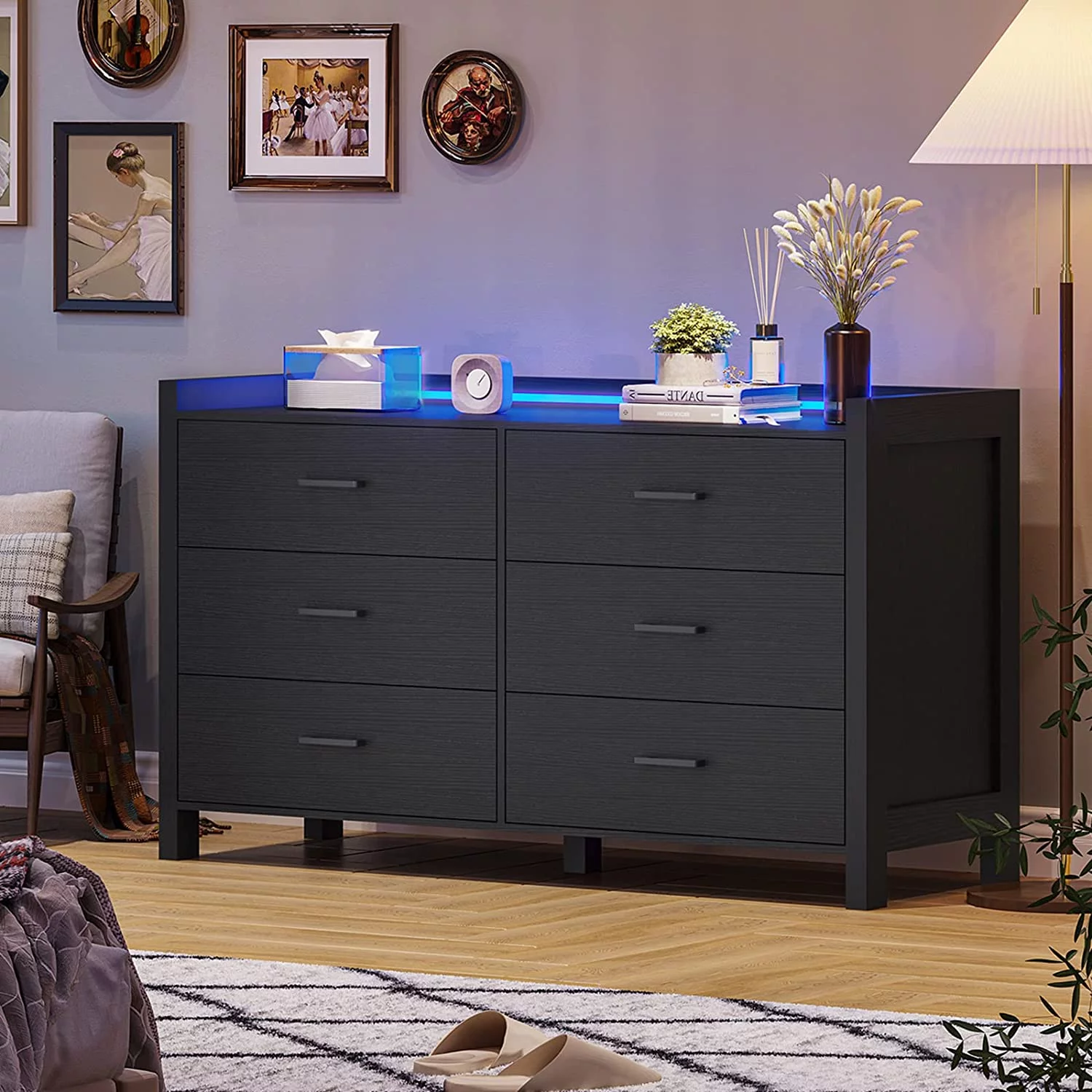 Black Dresser for Bedroom, 6 Drawer Double Dresser with LED Lights, Wood Chest of Drawers, Modern Storage Dresser for Bedroom