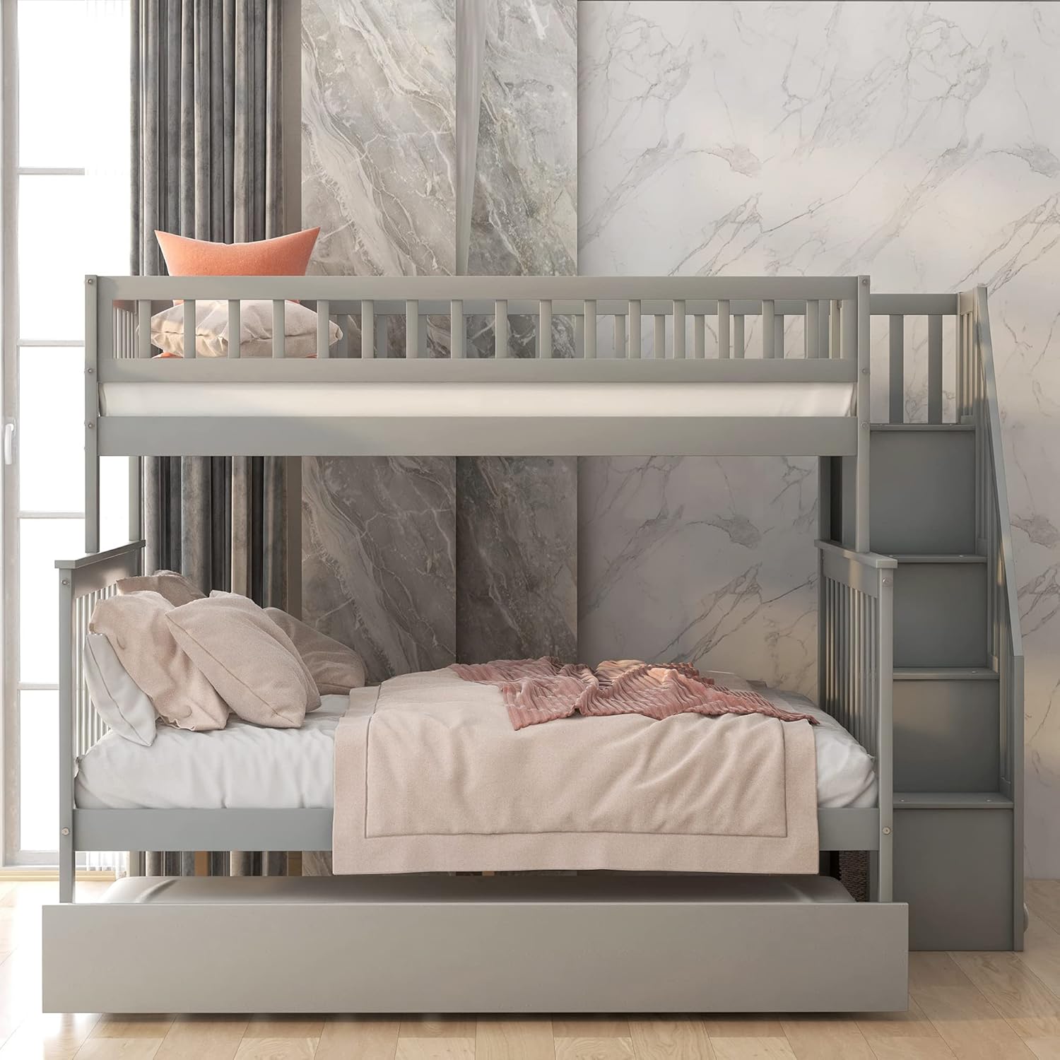 Bunk Beds with Trundle, Wood Space Saving Design Stairway Twin Over Full Bunk Bed Frame with Storage, Convertible to 2 Separated Beds